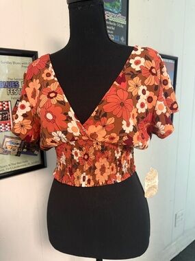 Altar'd State Floral V-Neck Smocked Crop Top - Brown, Orange & Cream